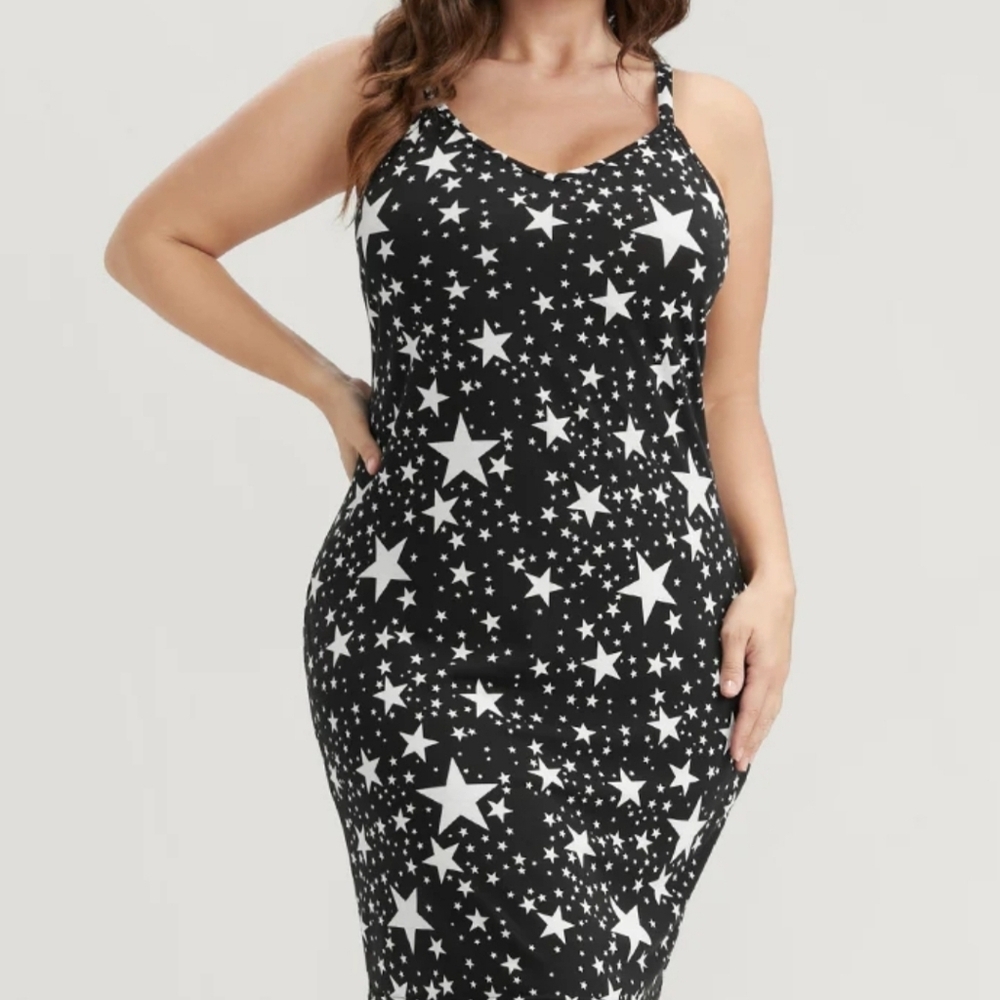 AMP Star Print Bodycon Cami Dress in Black & Silver, Size Medium NWOT